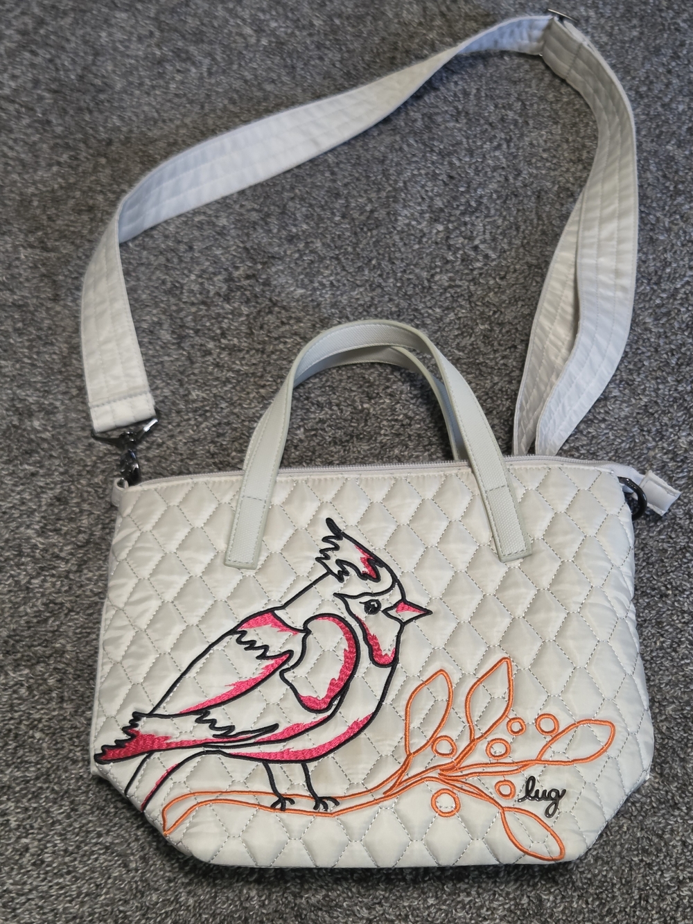 Lug Sprinkler Crossbody Cardinal Pebble purse bird cream pink embroidered